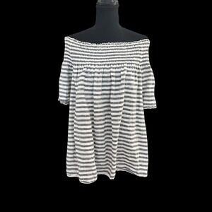 CC California Striped Linen Off Shoulder Top XL Gray White Coastal Smocked Boho